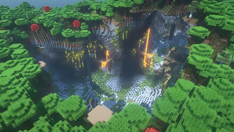 Exposed lush cave with mineshaft