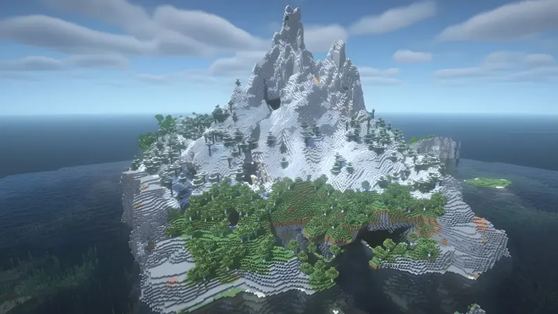 Towering snowcapped mountain island
