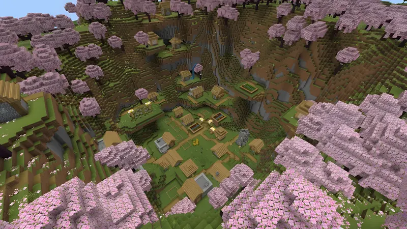 Village sheltered in a cherry blossom valley
