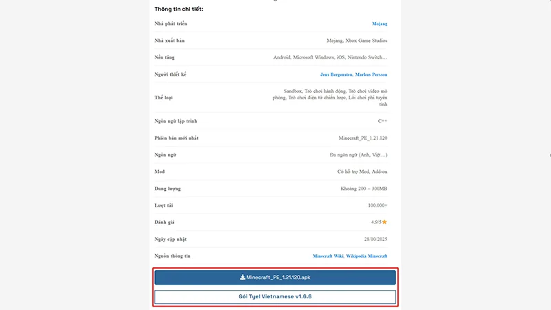Bước 1: Tải file Minecraft 1.21.120 Apk và Ty-el Vietnamese về máy
